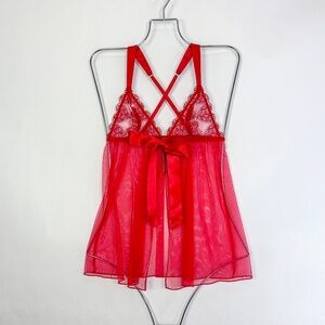 Victoria's Secret Red Lace Satin Strap Mesh Fly Away Babydoll Lingerie